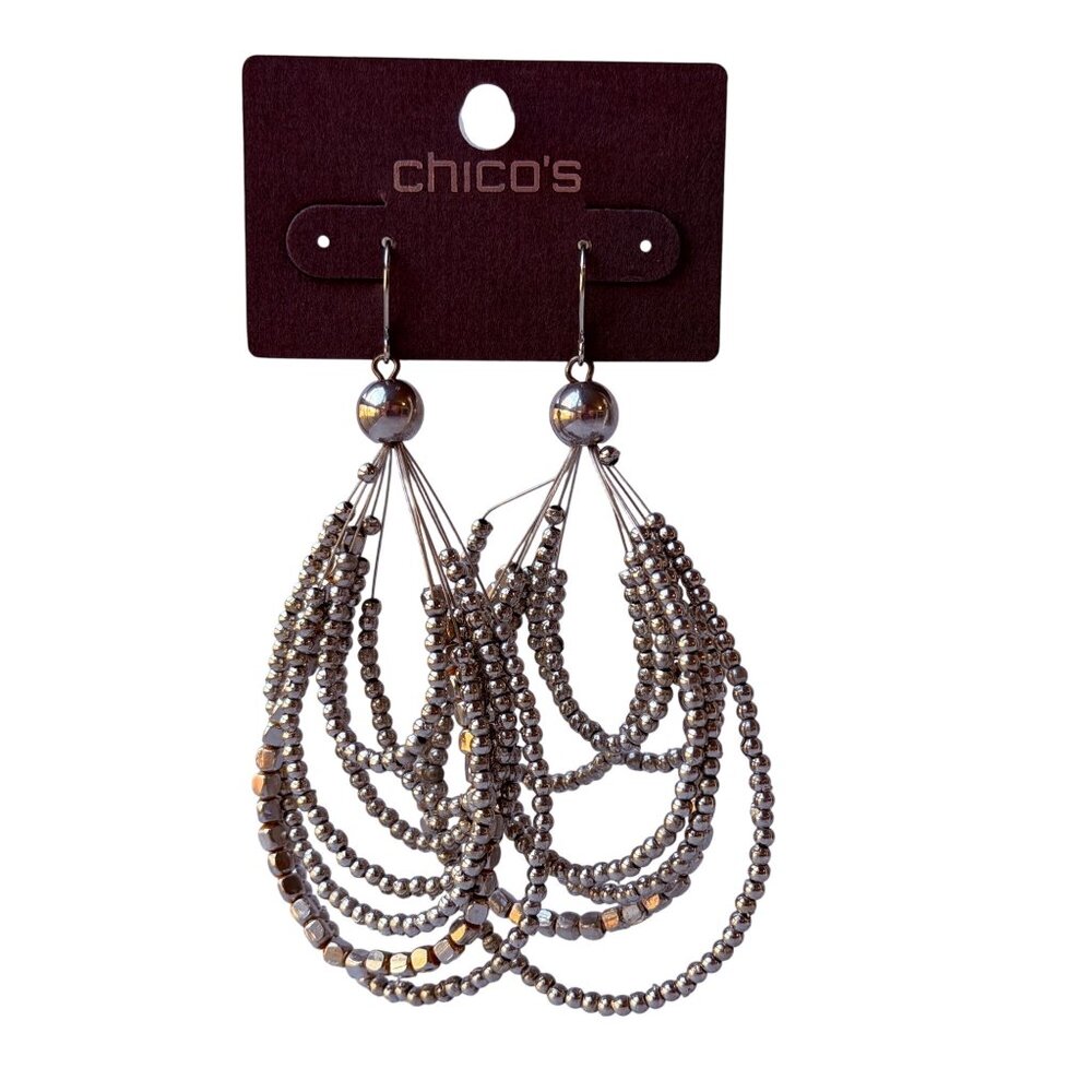 Vintage Y2K Chico’s Silver Multi-Strand‎ Beaded Dangle Statement Earrings NOS